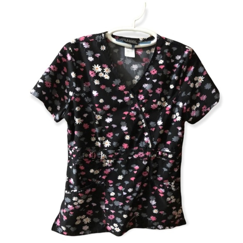 Runway By Cherokee Scrub Top‎ Women’s Size Small Pull Over Floral V Neck